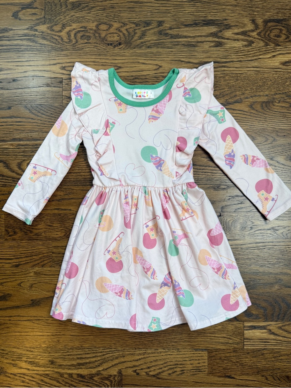 Dot Dot Smile Pink Ice Cream & Ice Skates Print Long-Sleeve Dress w/ Green Trim